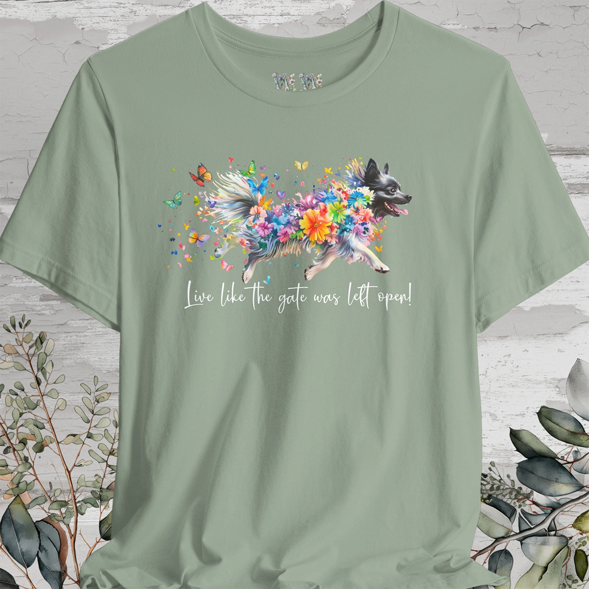Keeshond #1 "Live like the gate was left open" Unisex T shirt