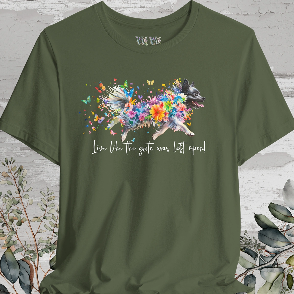 Keeshond #1 "Live like the gate was left open" Unisex T shirt