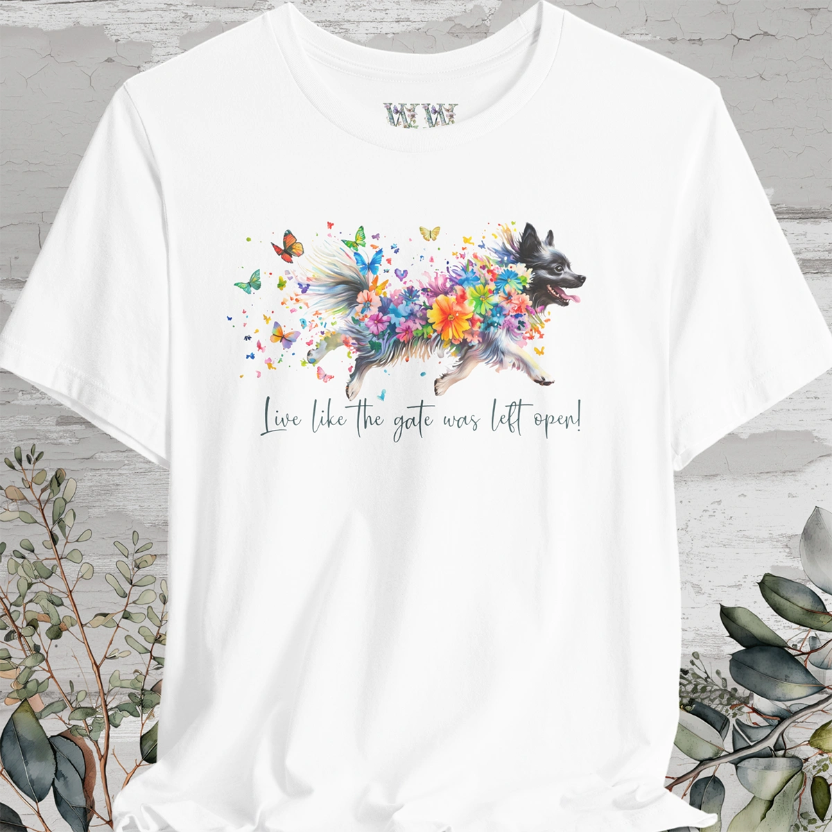 Keeshond #1 "Live like the gate was left open" Unisex T shirt