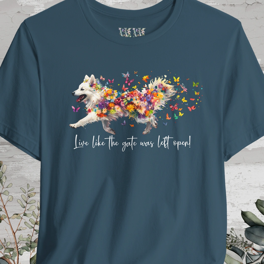 Keeshond #3 "Live like the gate was left open" Unisex T shirt