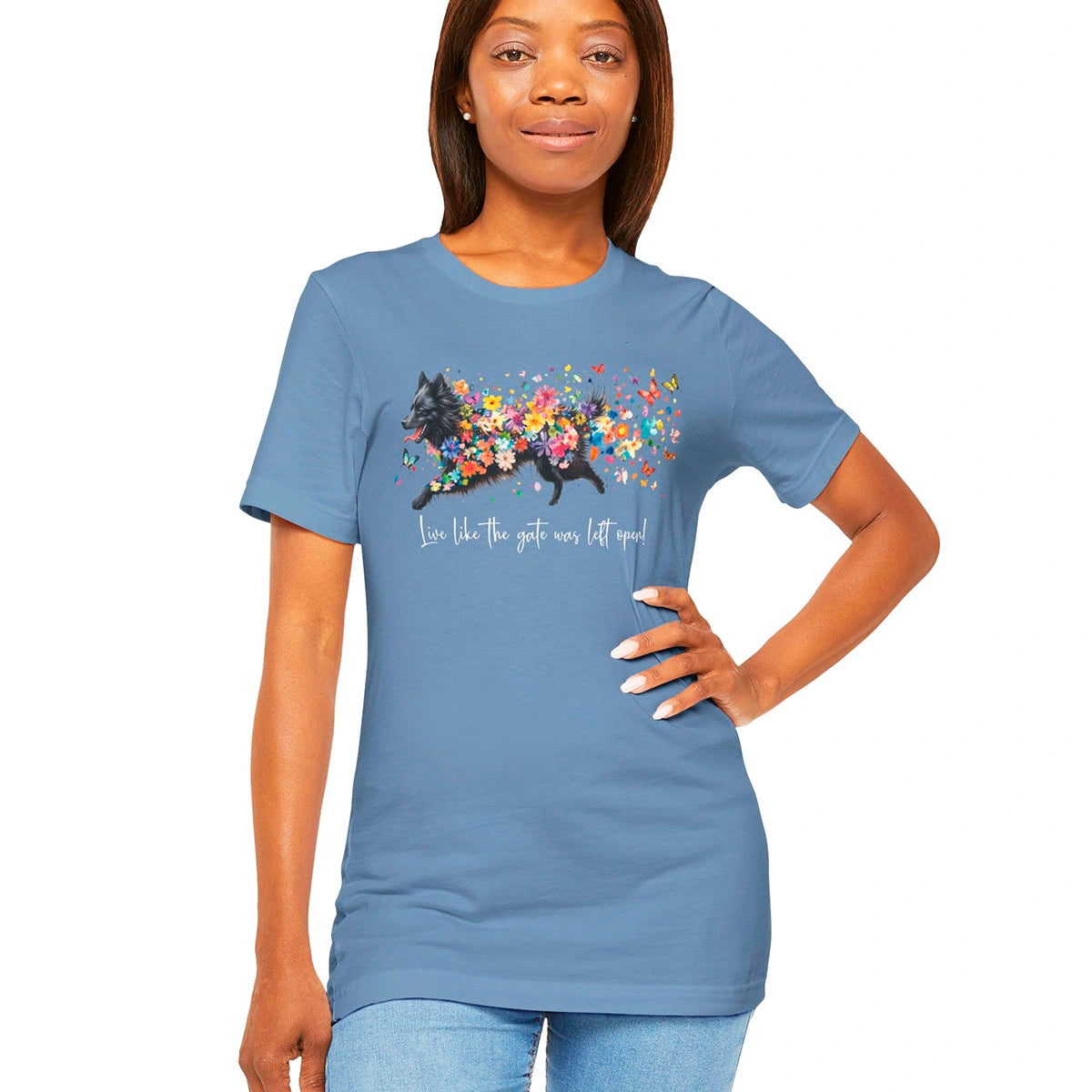 Keeshond #4 "Live like the gate was left open" Unisex T shirt