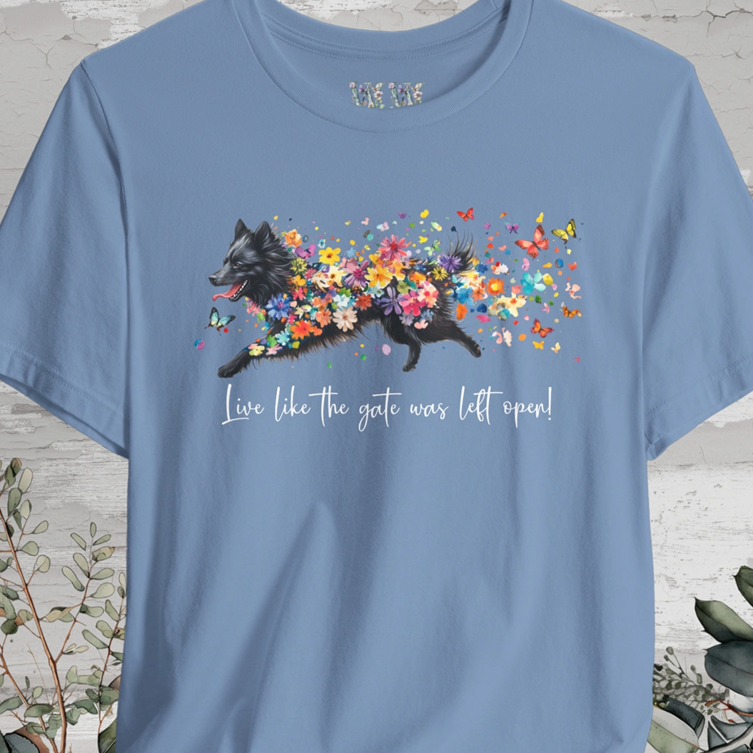 Keeshond #4 "Live like the gate was left open" Unisex T shirt