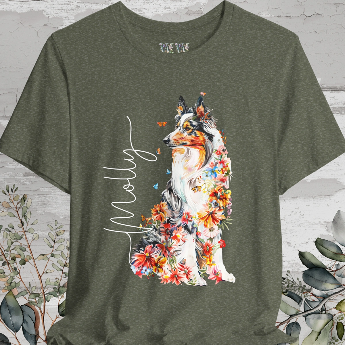 Rough Collie #1 Floral Personalized T shirt