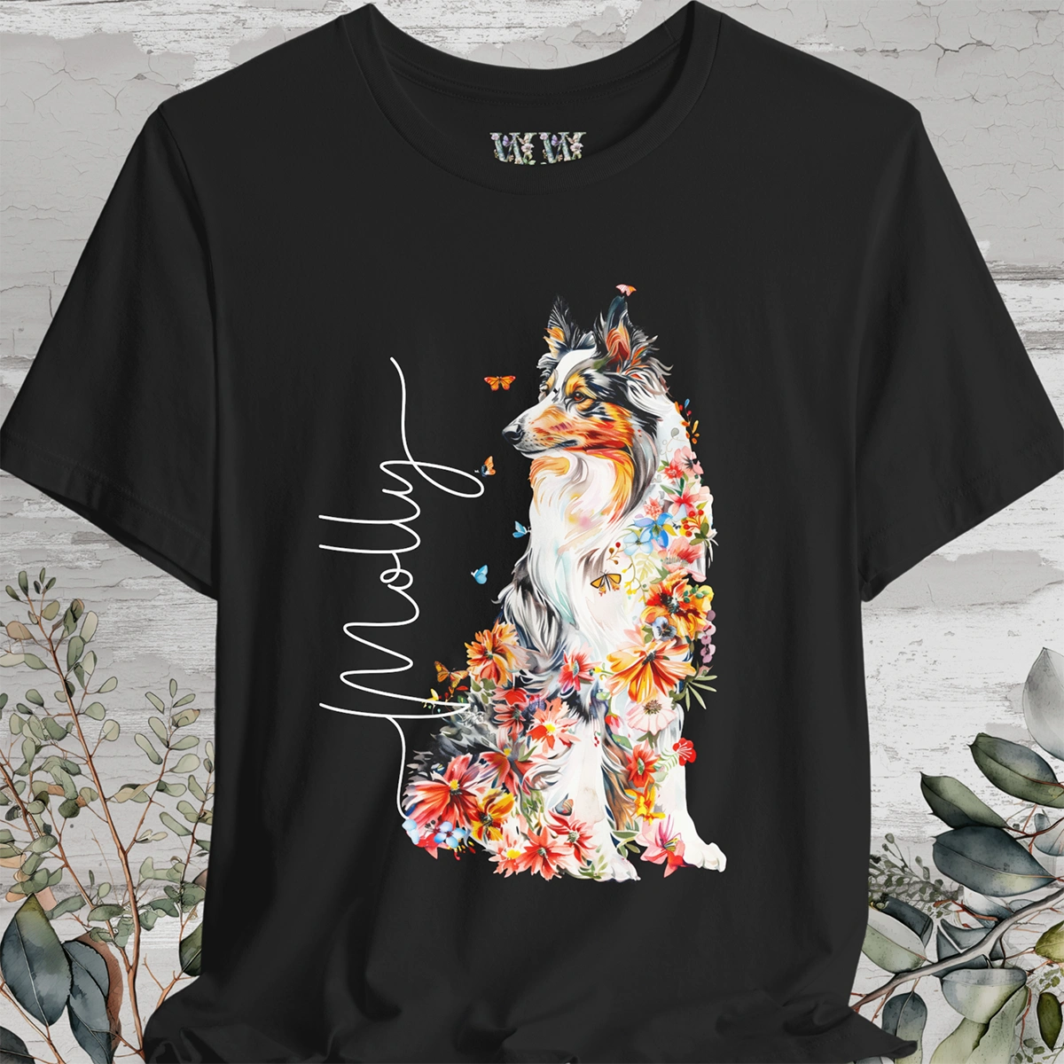 Rough Collie #1 Floral Personalized T shirt