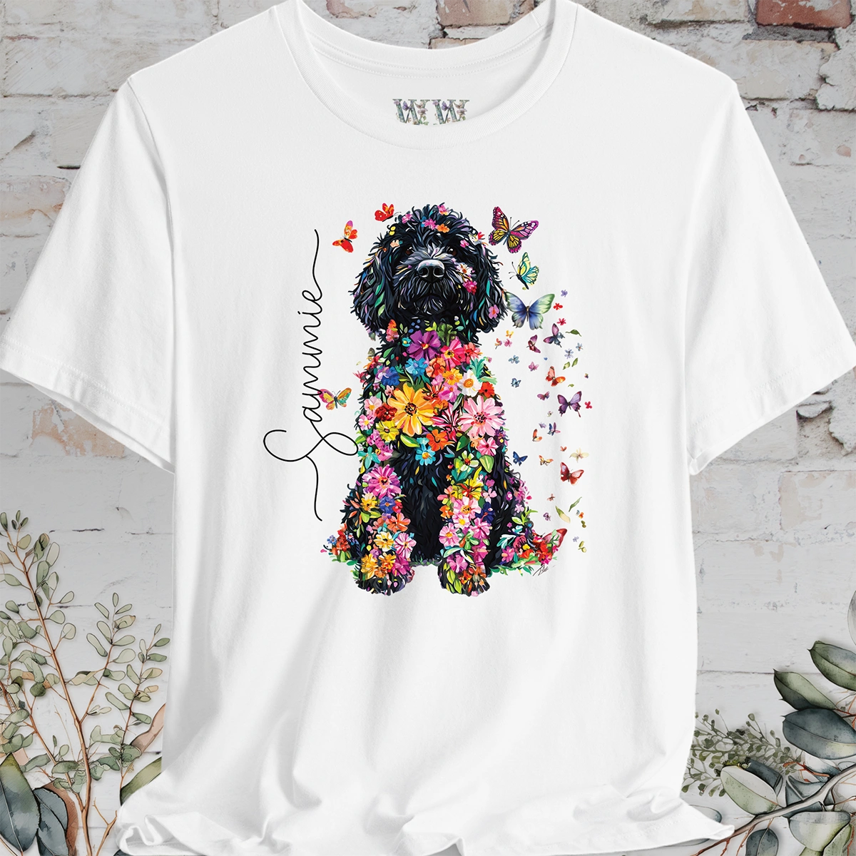 Sheepadoodle #1 Floral Butterfly personalized unisex T shirt