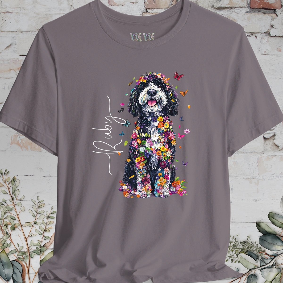 Sheepadoodle #2 Floral Butterfly personalized unisex T shirt