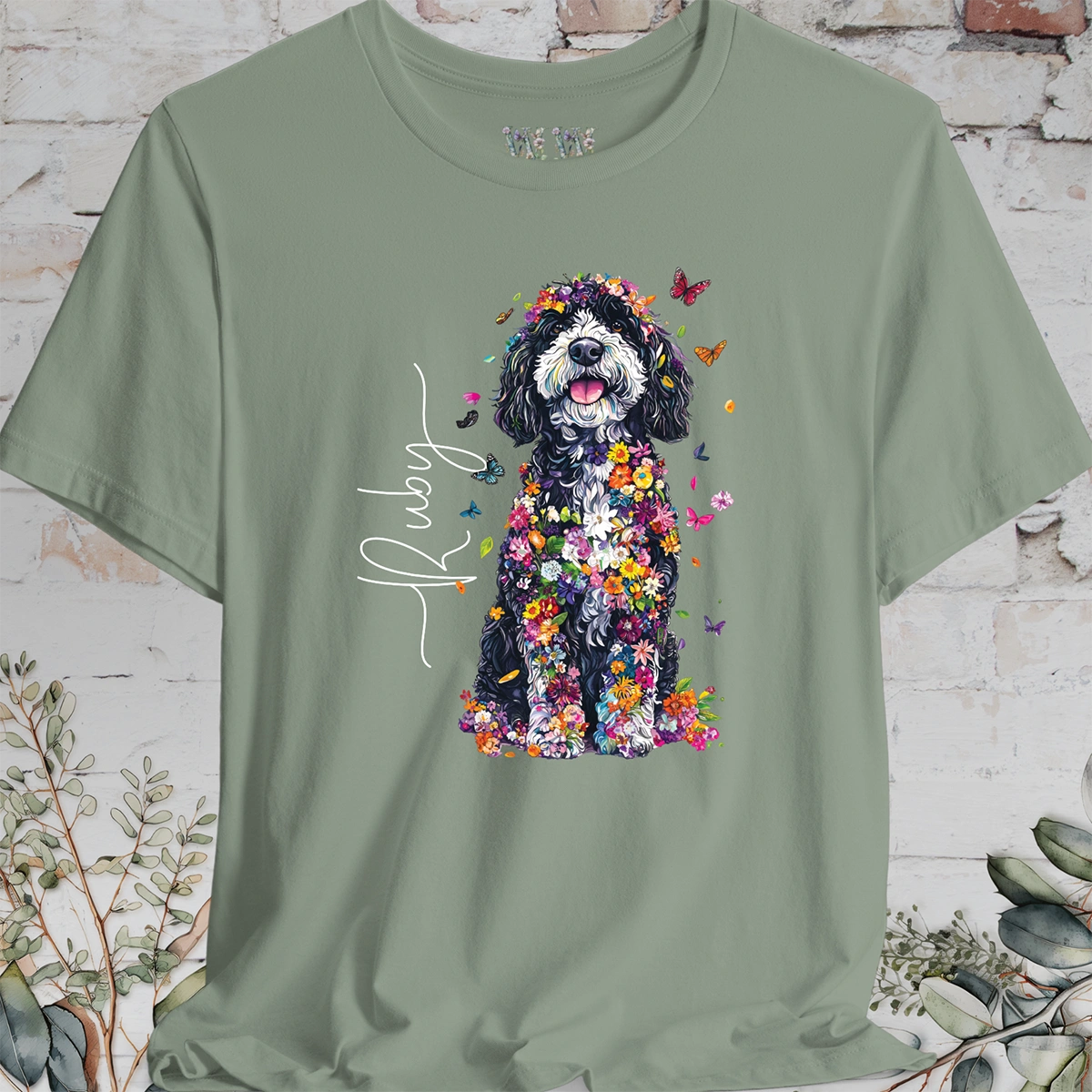 Sheepadoodle #2 Floral Butterfly personalized unisex T shirt