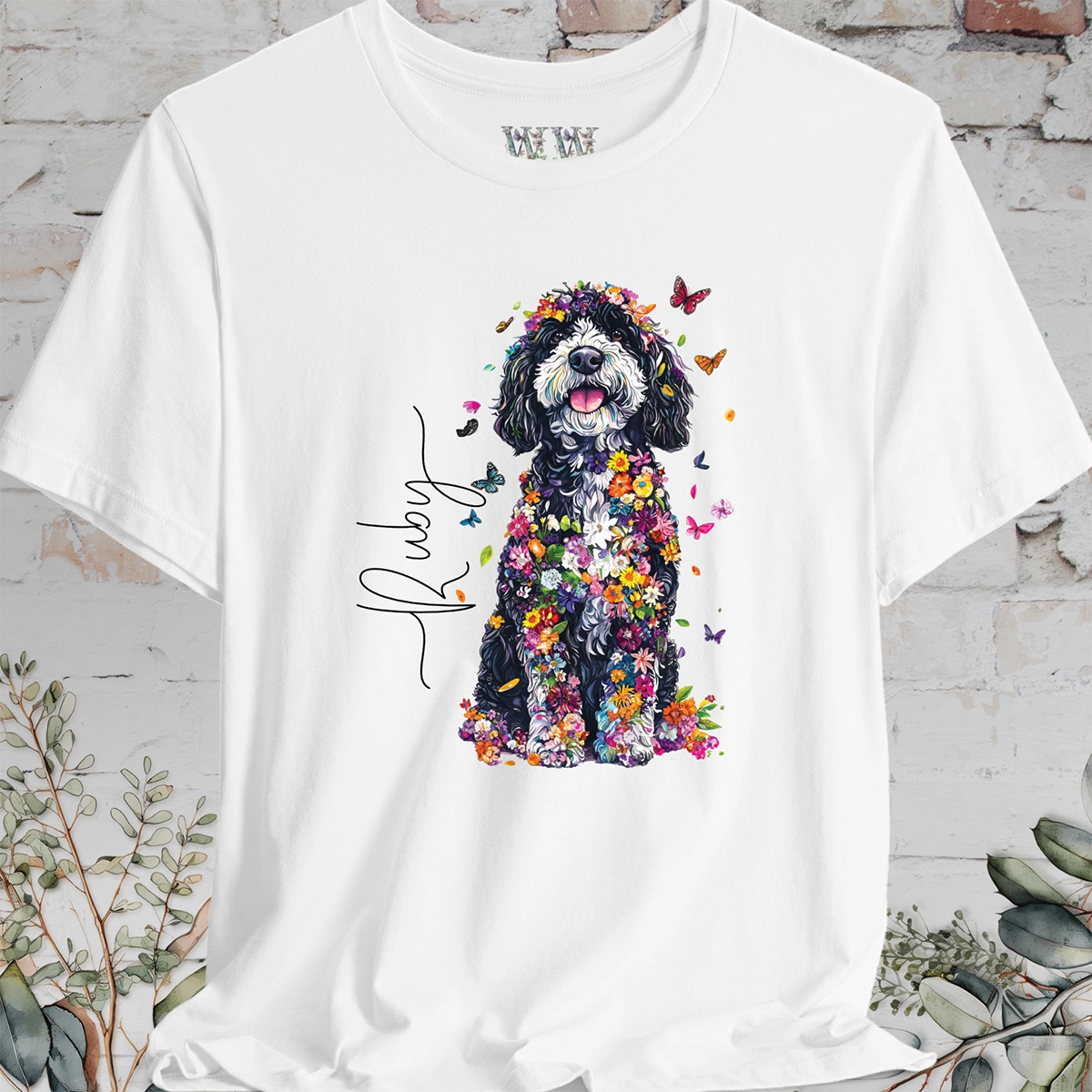 Sheepadoodle #2 Floral Butterfly personalized unisex T shirt