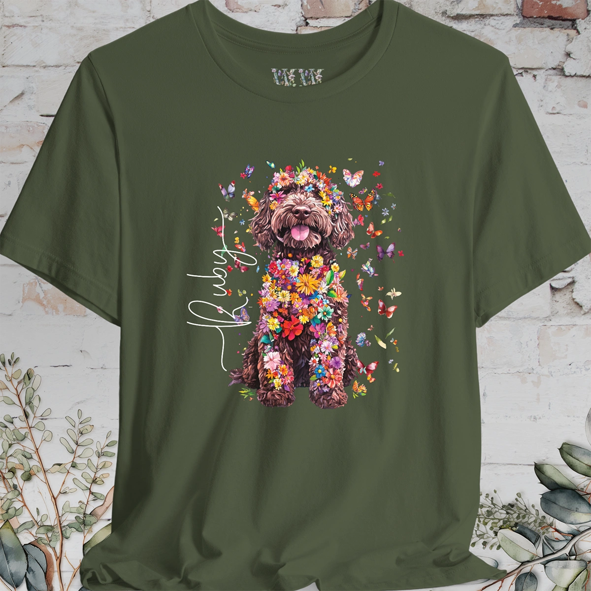 Sheepadoodle #3 Floral Butterfly personalized unisex T shirt