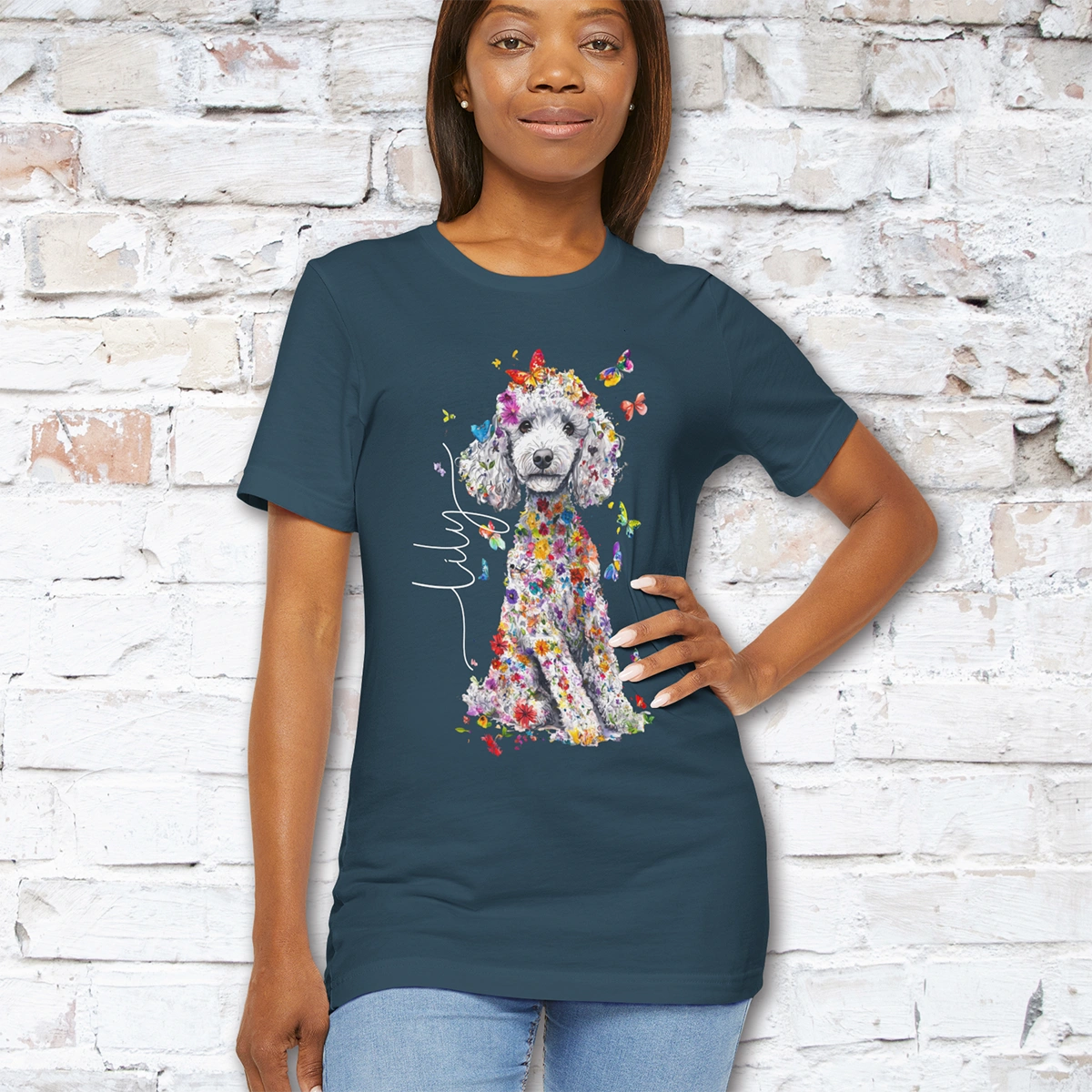 Silver Poodle Floral Personalized T shirt