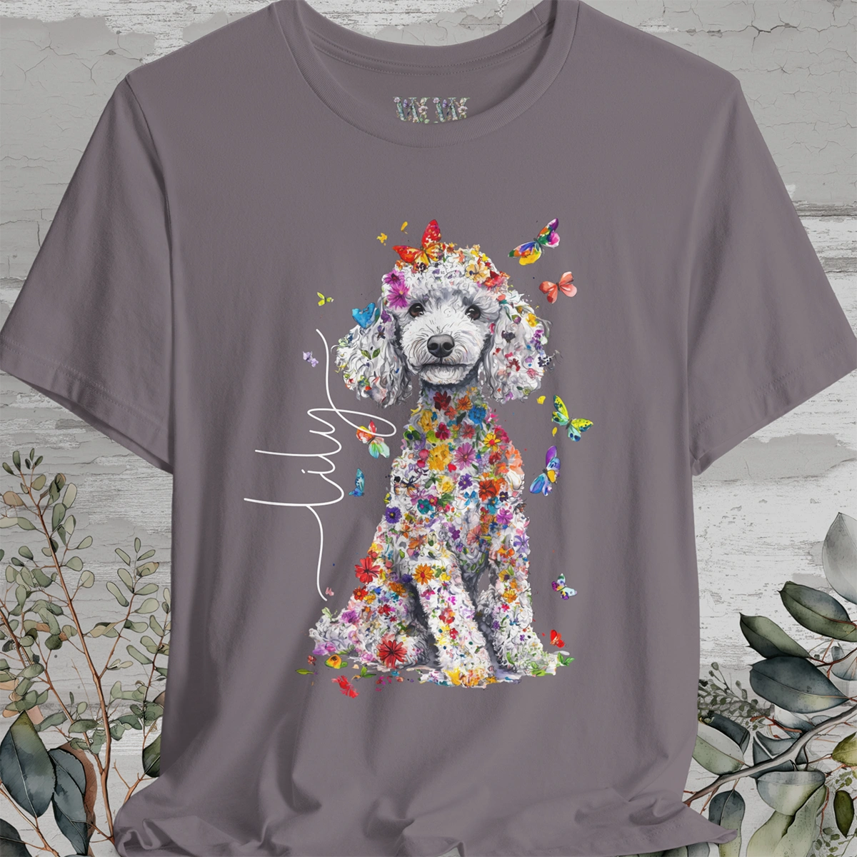 Silver Poodle Floral Personalized T shirt