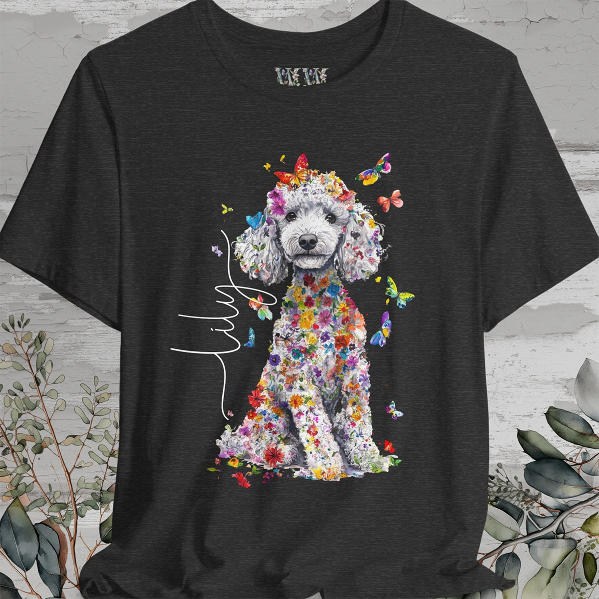 Silver Poodle Floral Personalized T shirt
