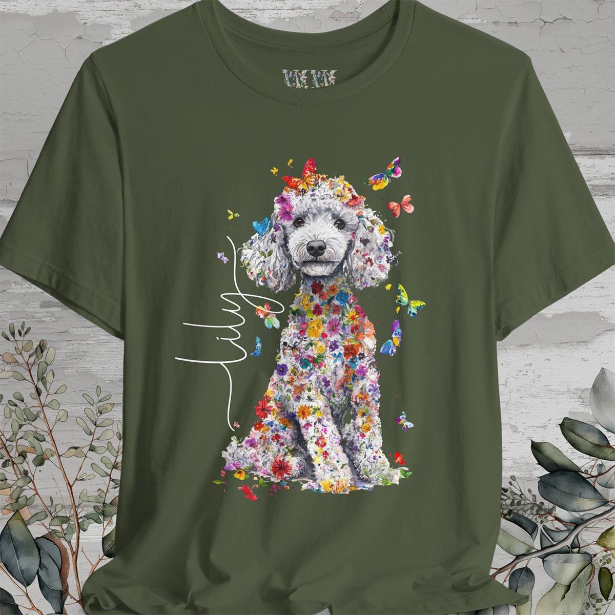 Silver Poodle Floral Personalized T shirt
