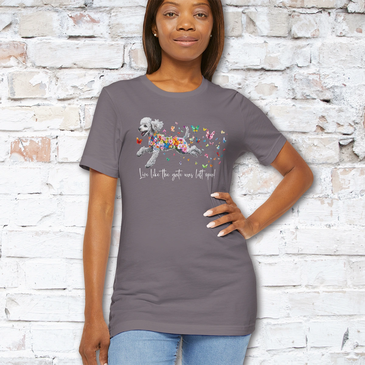 Silver Poodle "Live like the gate was left open" Unisex T shirt