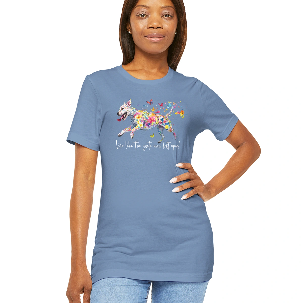 White Staffordshire Terrier 'Live like the gate was left open' T shirt