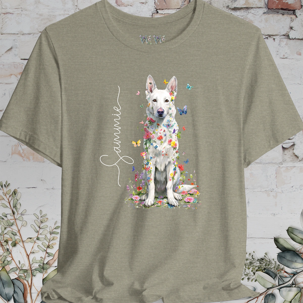 White German Shepherd #2 Floral Personalized T shirt