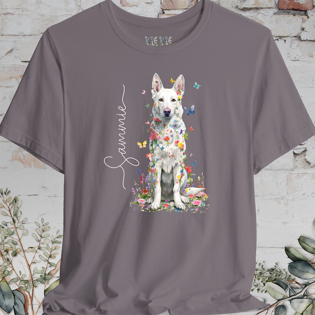 White German Shepherd #2 Floral Personalized T shirt