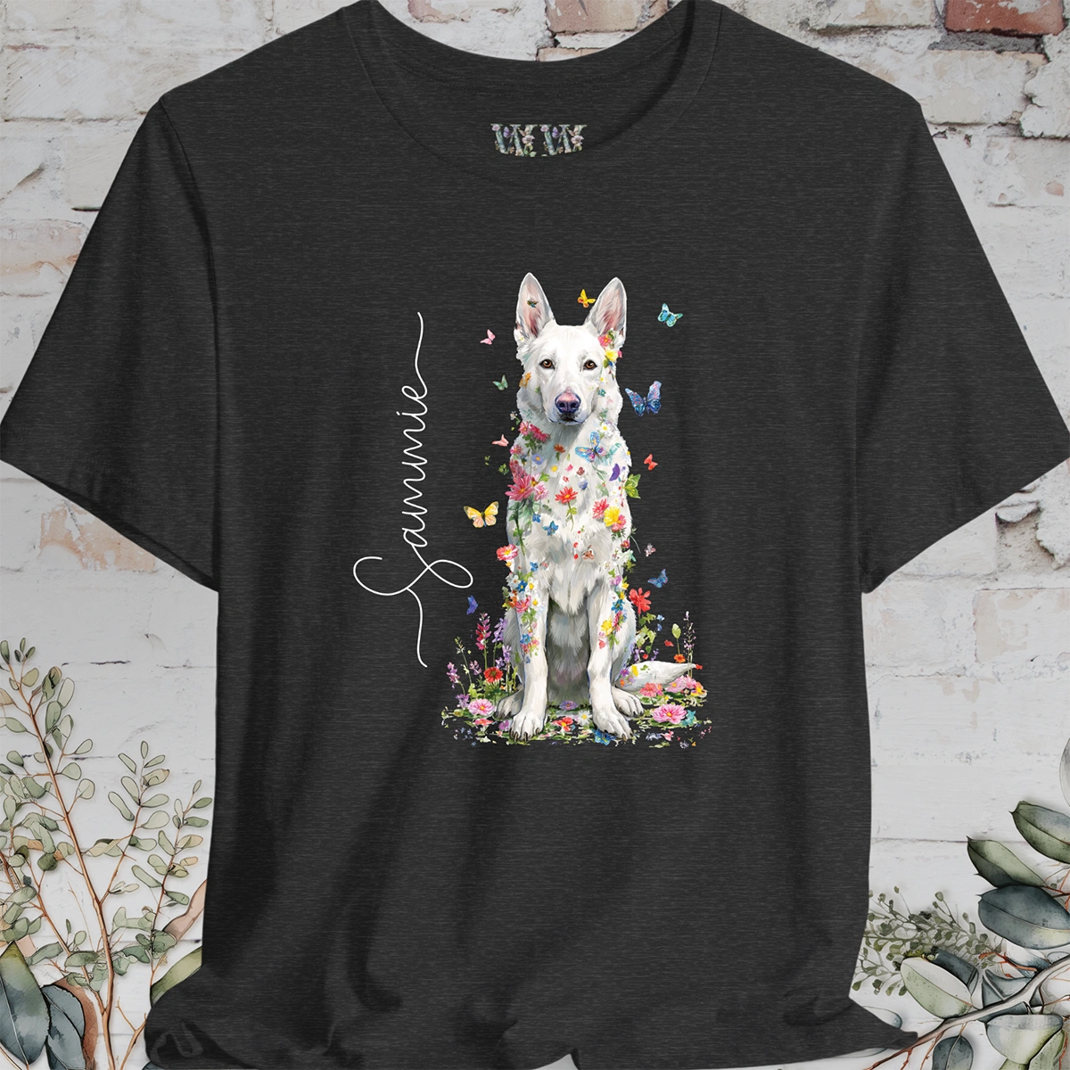 White German Shepherd #2 Floral Personalized T shirt