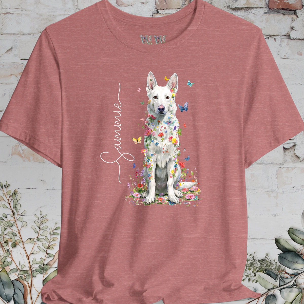 White German Shepherd #2 Floral Personalized T shirt