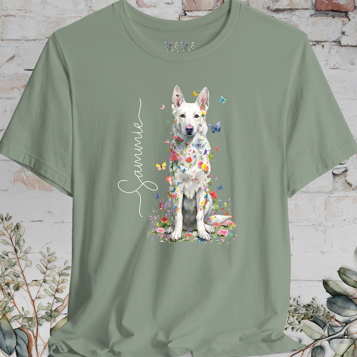 White German Shepherd #2 Floral Personalized T shirt