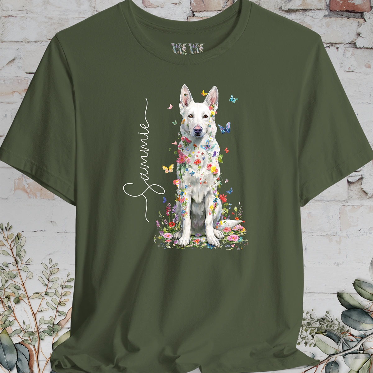 White German Shepherd #2 Floral Personalized T shirt
