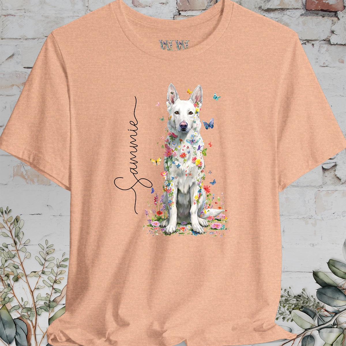 White German Shepherd #2 Floral Personalized T shirt