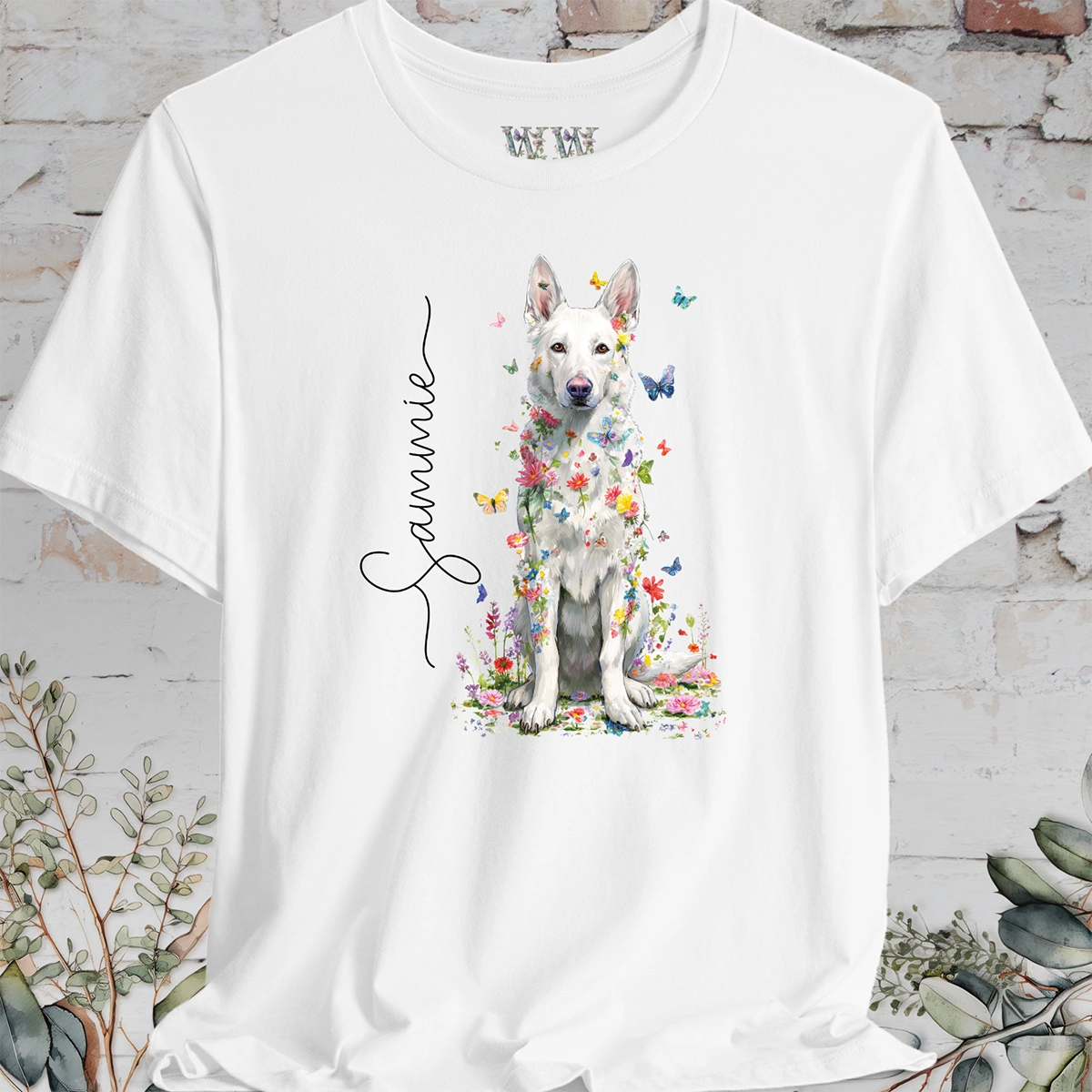White German Shepherd #2 Floral Personalized T shirt