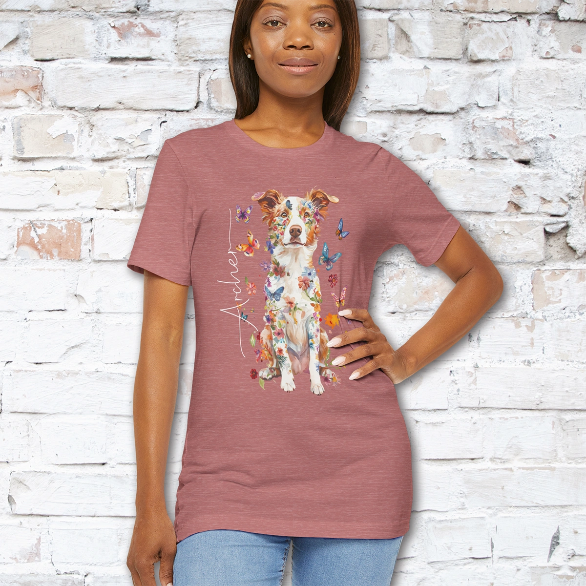 Border Collie Red Merle #3 Floral Personalized T shirt