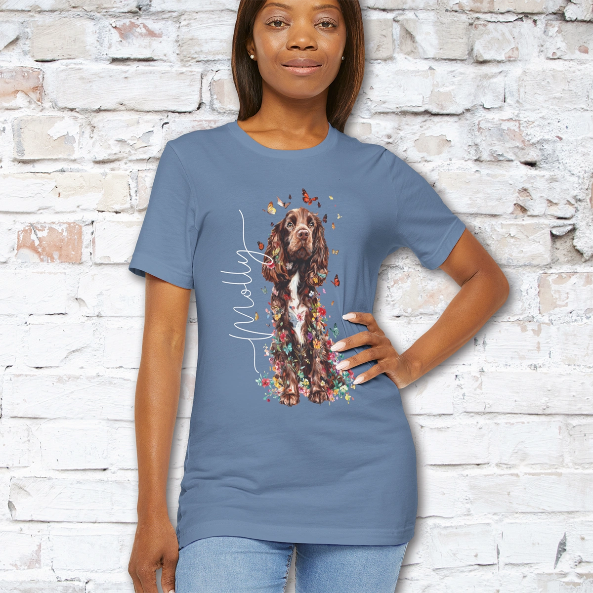 Brown & White Cocker Spaniel Floral Personalized T shirt