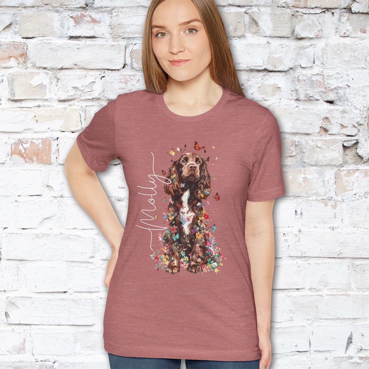 Brown & White Cocker Spaniel Floral Personalized T shirt