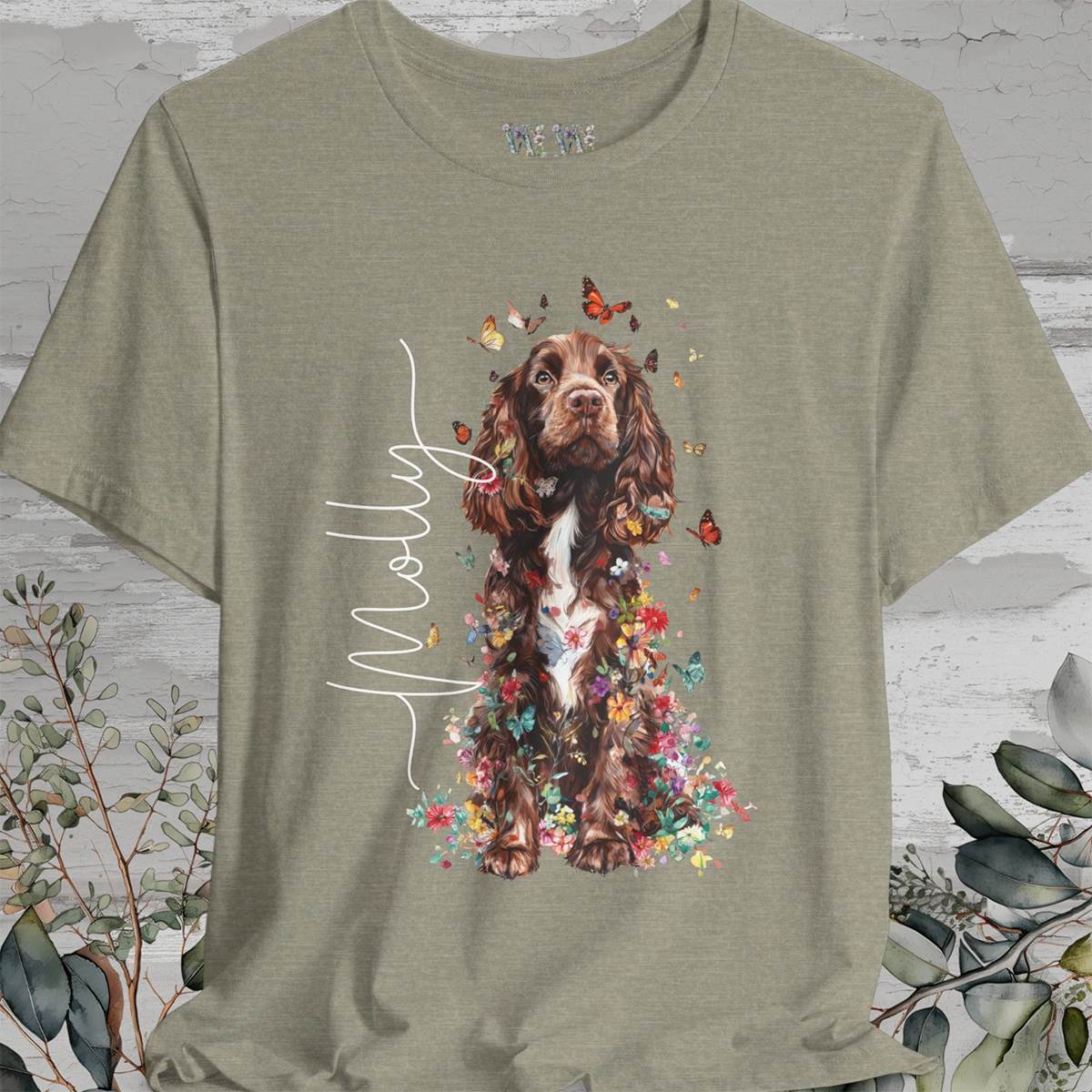 Brown & White Cocker Spaniel Floral Personalized T shirt