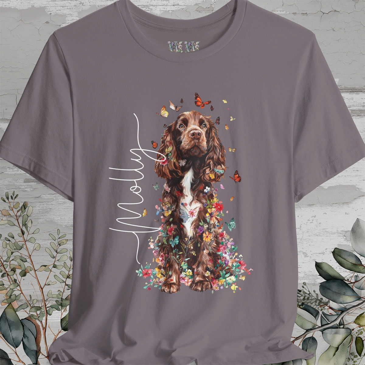 Brown & White Cocker Spaniel Floral Personalized T shirt