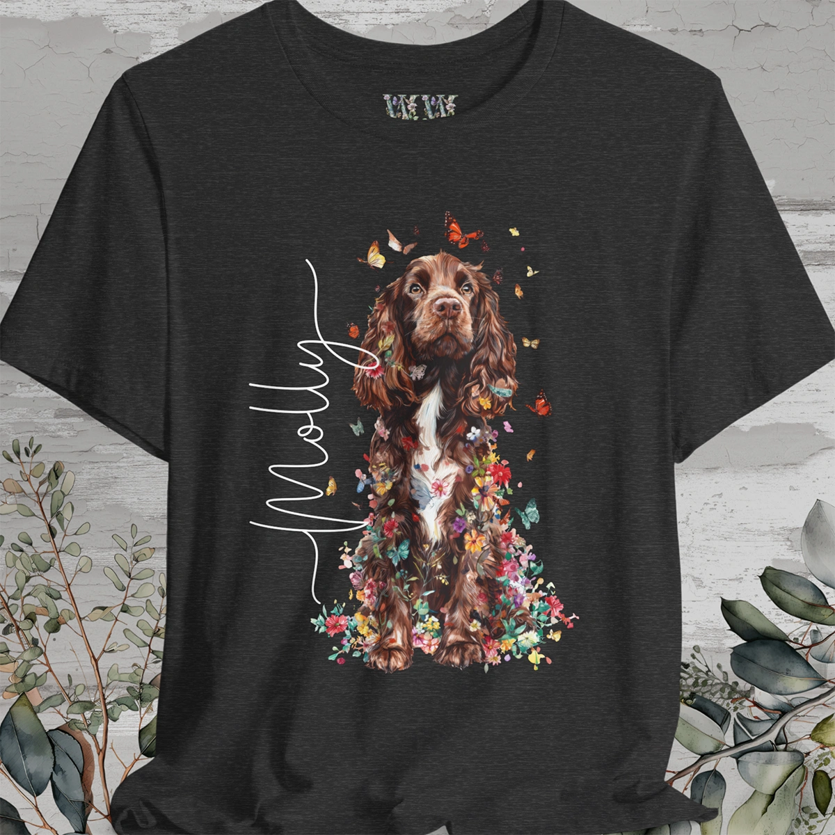 Brown & White Cocker Spaniel Floral Personalized T shirt