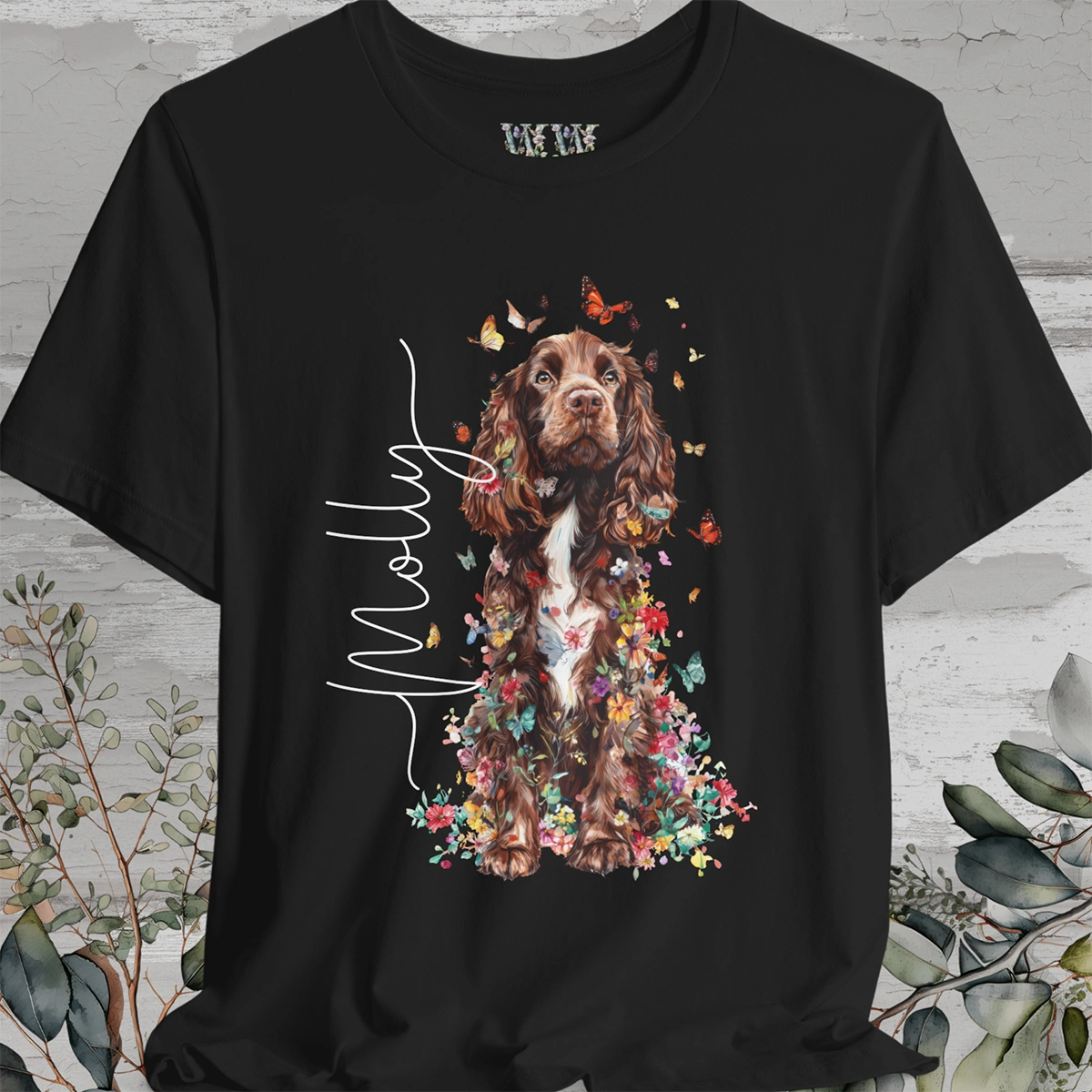 Brown & White Cocker Spaniel Floral Personalized T shirt