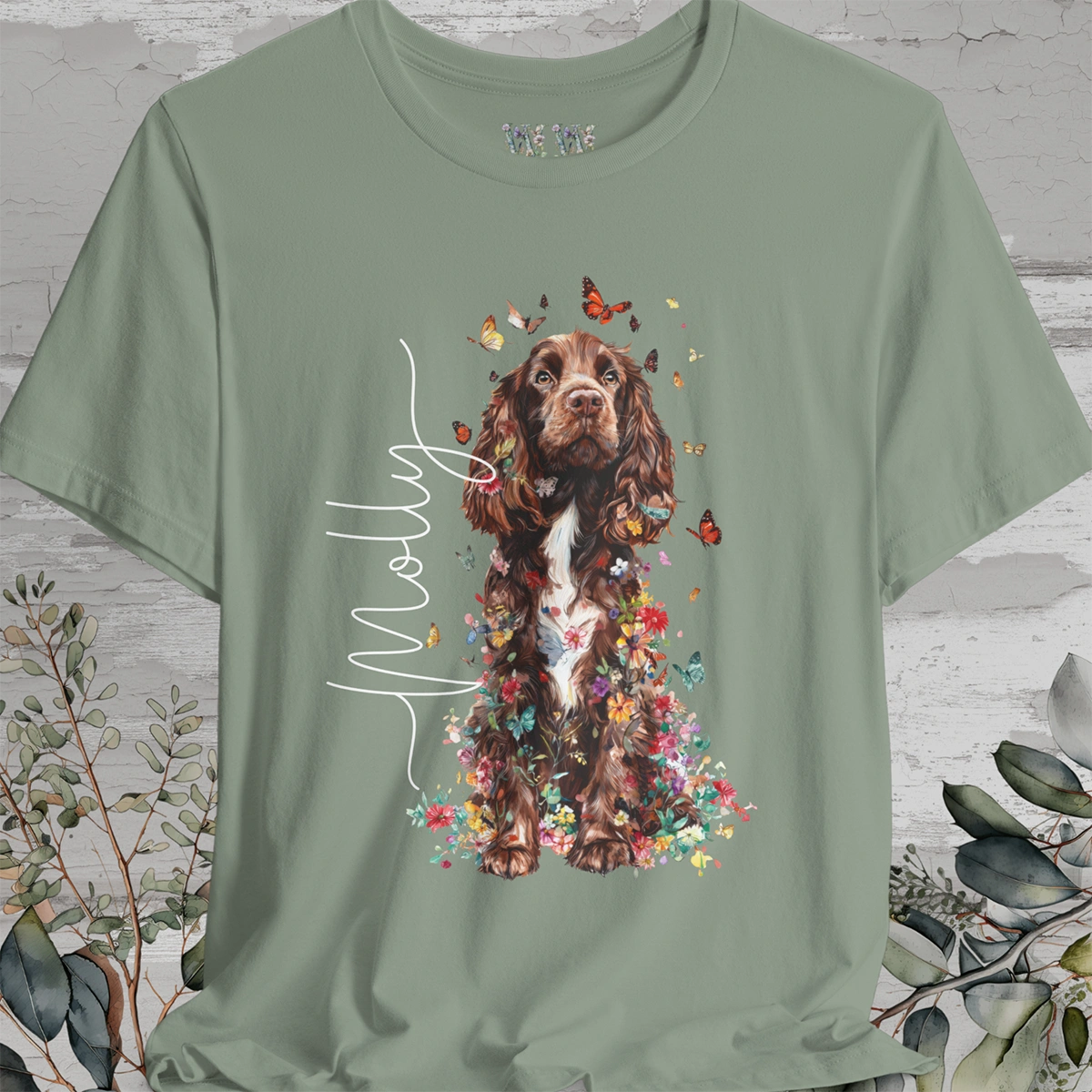 Brown & White Cocker Spaniel Floral Personalized T shirt