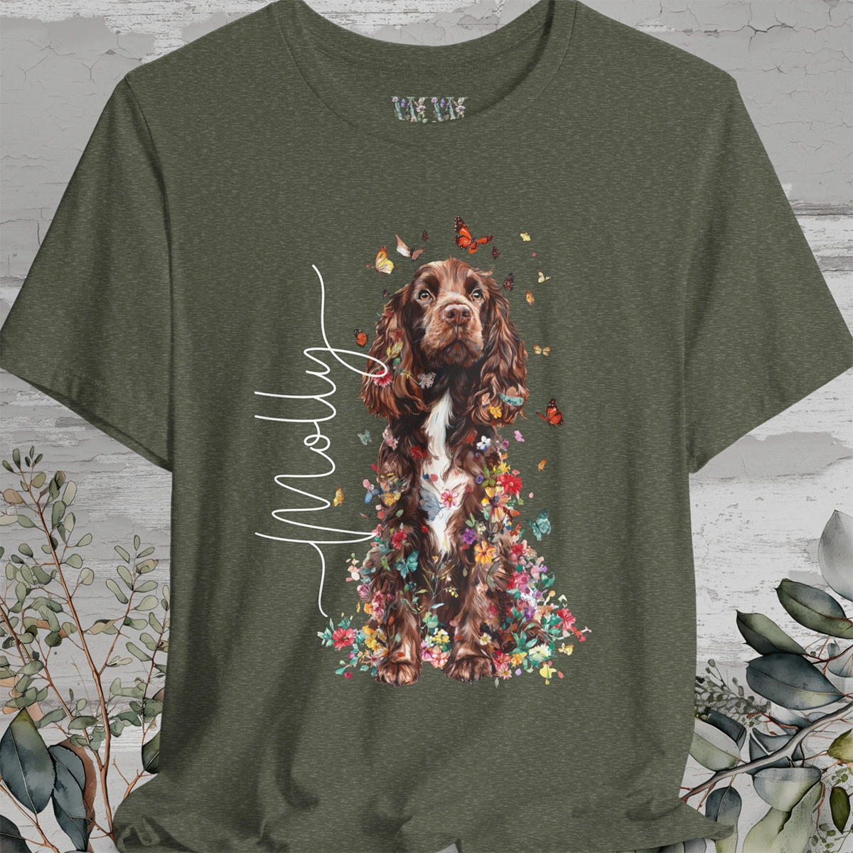 Brown & White Cocker Spaniel Floral Personalized T shirt