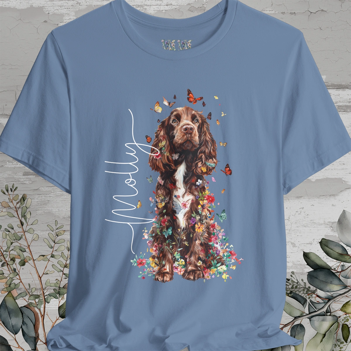 Brown & White Cocker Spaniel Floral Personalized T shirt