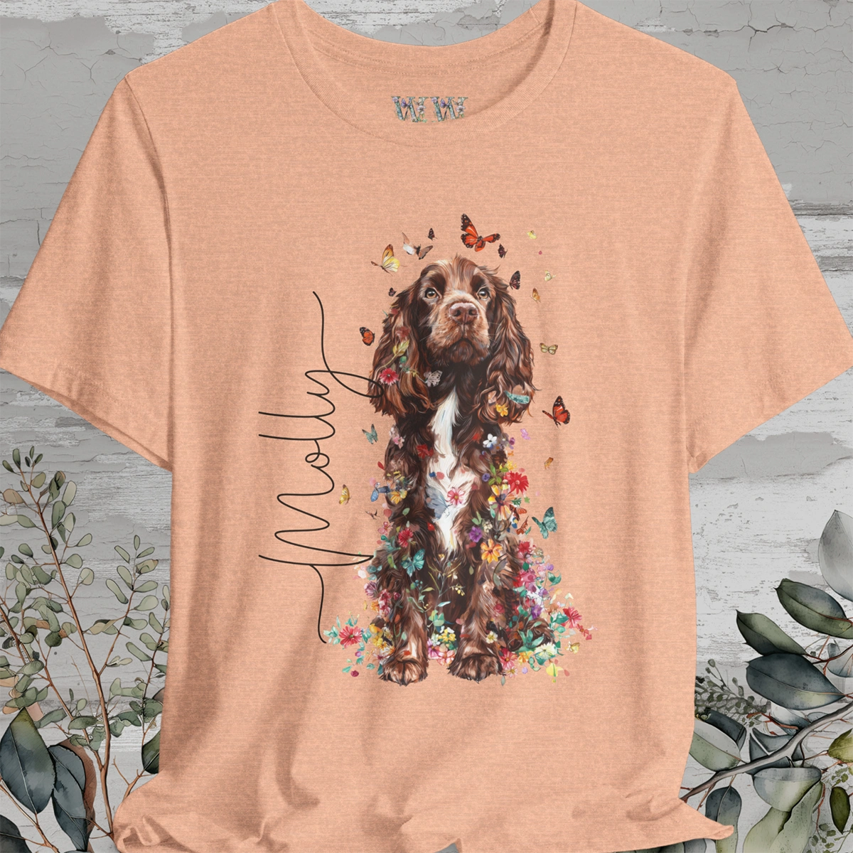 Brown & White Cocker Spaniel Floral Personalized T shirt