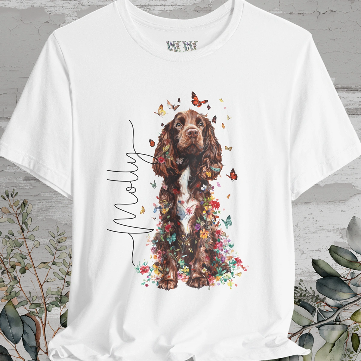 Brown & White Cocker Spaniel Floral Personalized T shirt