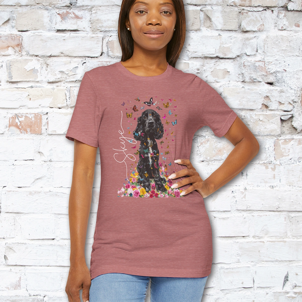 Black & White Cocker Spaniel Foral personalized T shirt