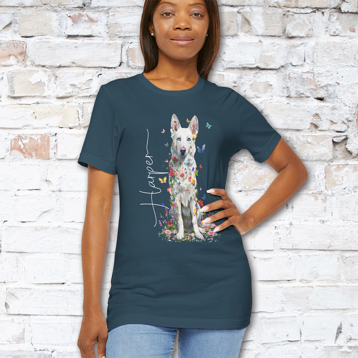 White German Shepherd #3 Floral Personalized T shirt