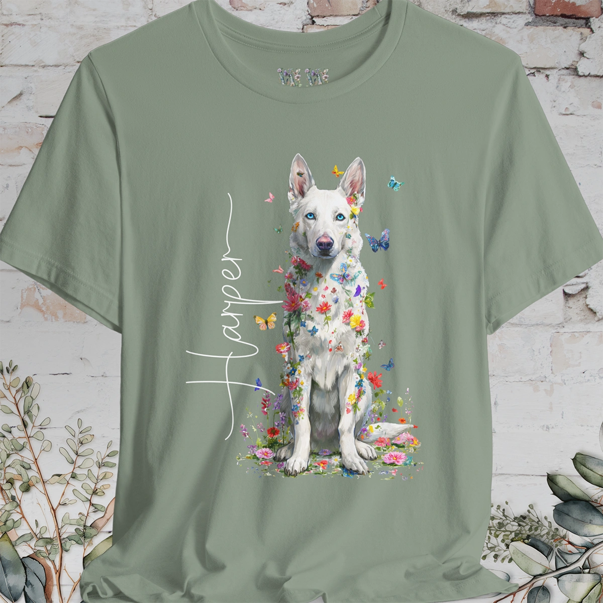 White German Shepherd #3 Floral Personalized T shirt