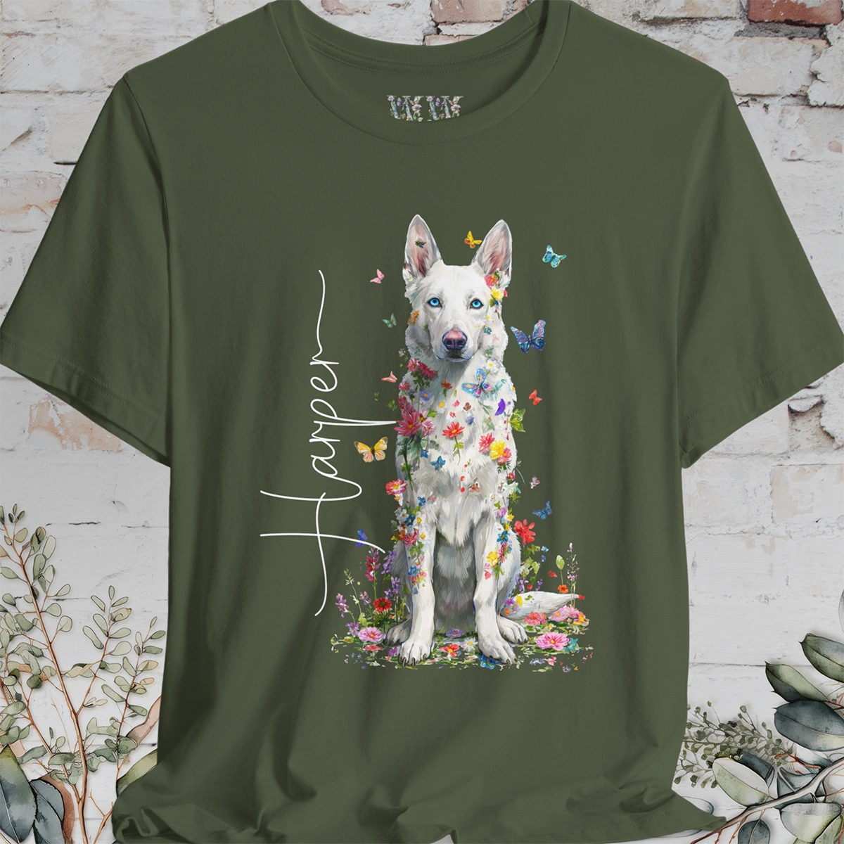 White German Shepherd #3 Floral Personalized T shirt
