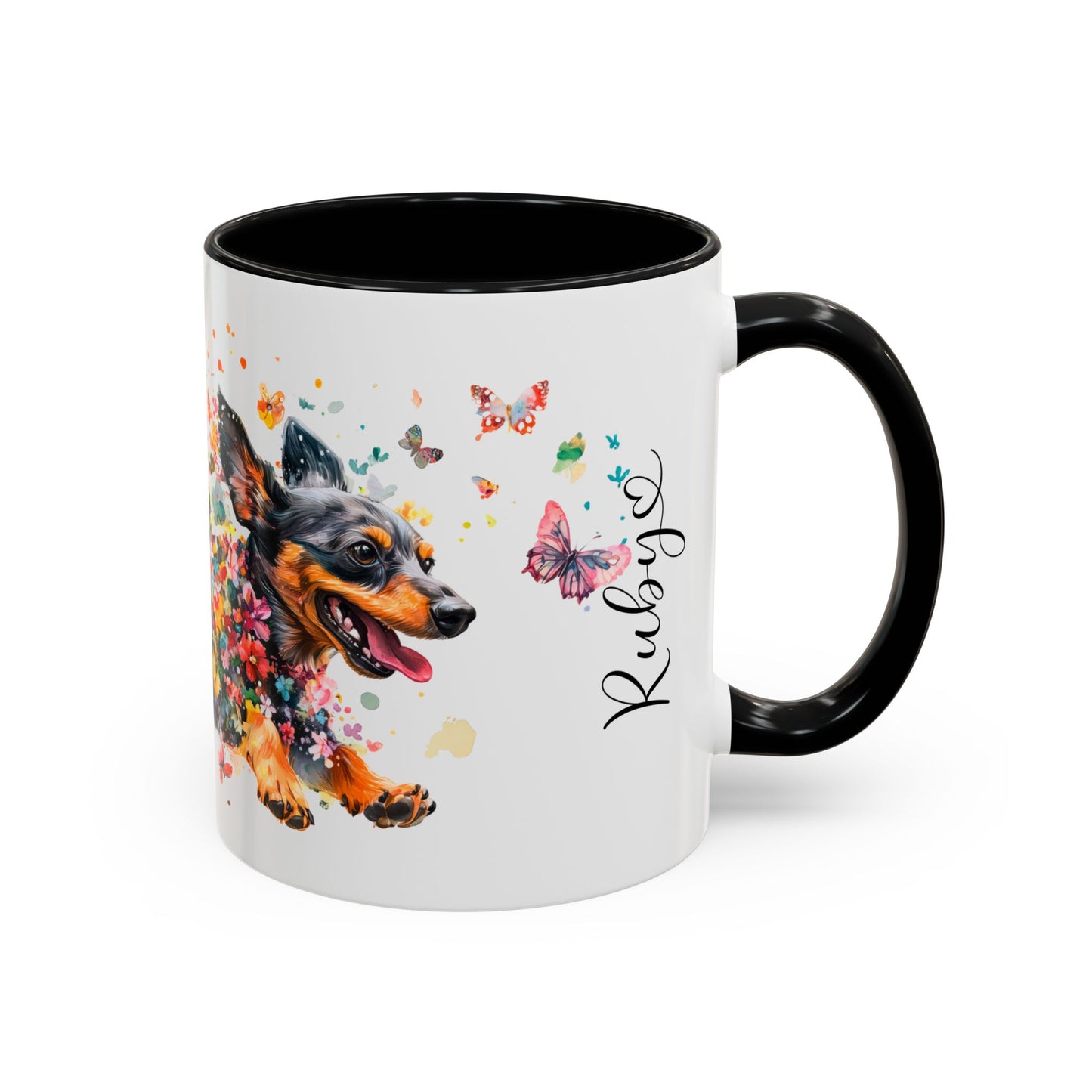 Dachshund Black, running personalized colourful Mugs, 11oz