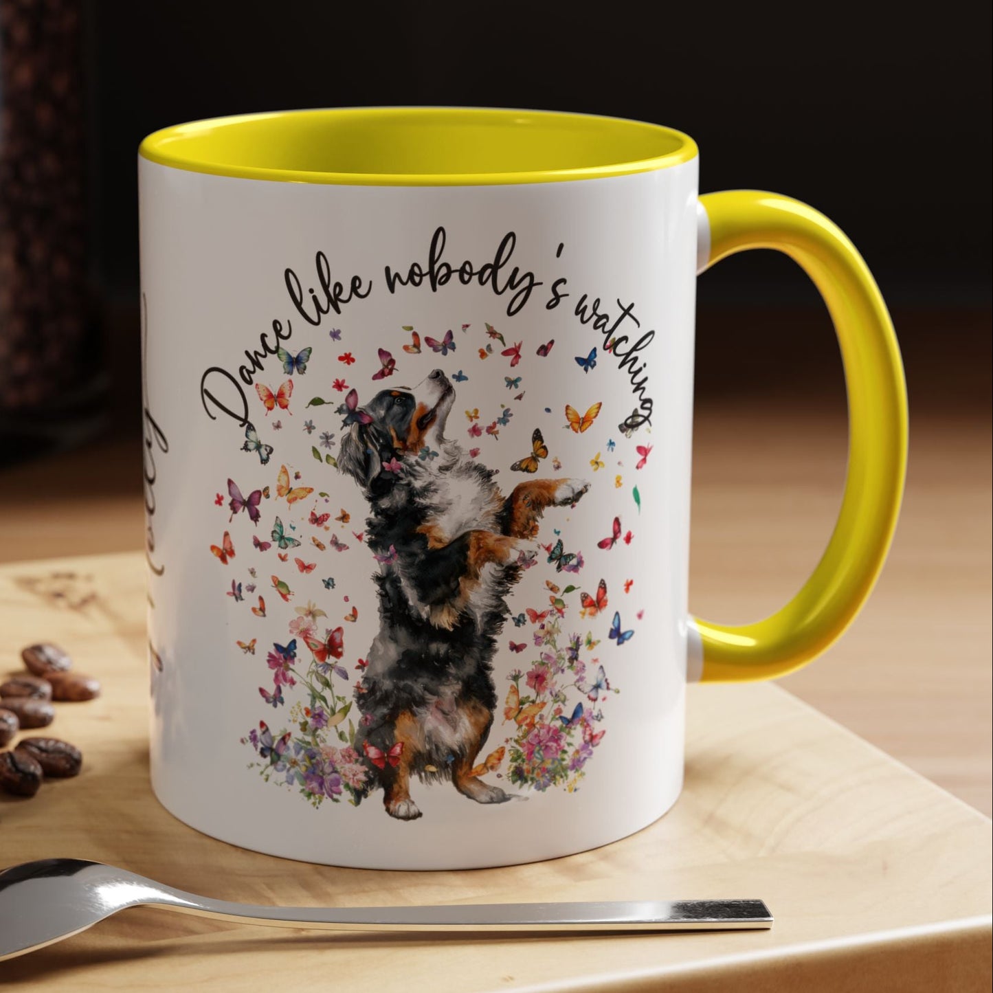 Bernese Mountain Dog "Dance like nobody's watching" personalized colourful Mugs, 11oz