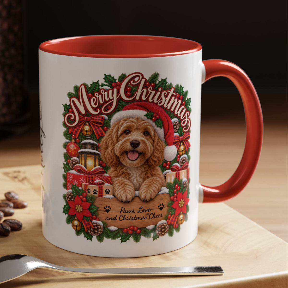 Golden Doodle Merry Christmas, personalised accent colour 11oz mug