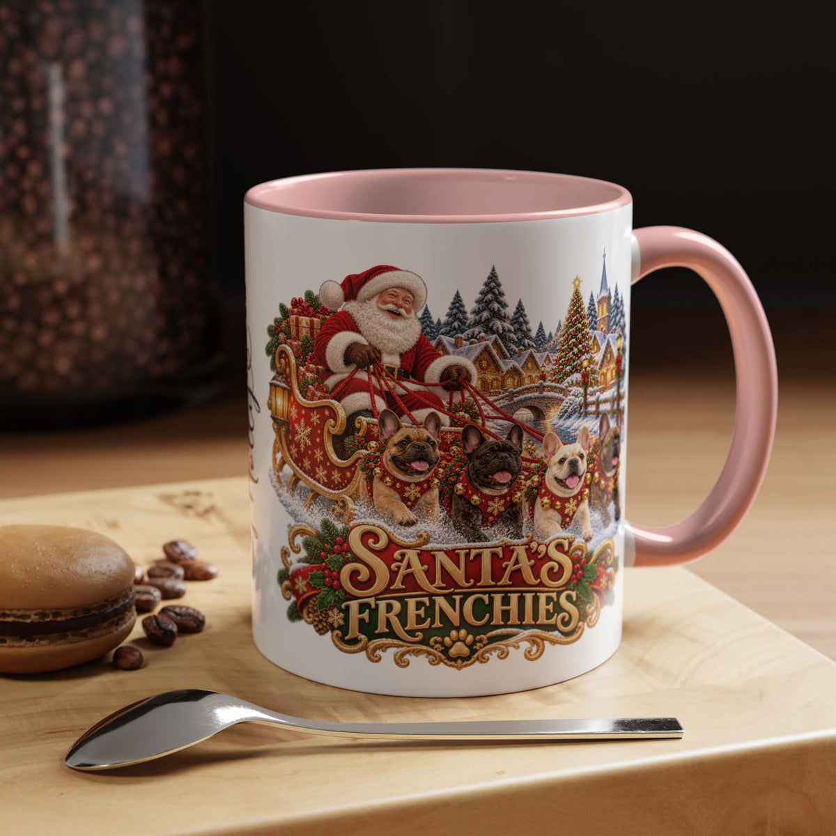 Santa's Frenchies, personalised accent colour 11oz mug