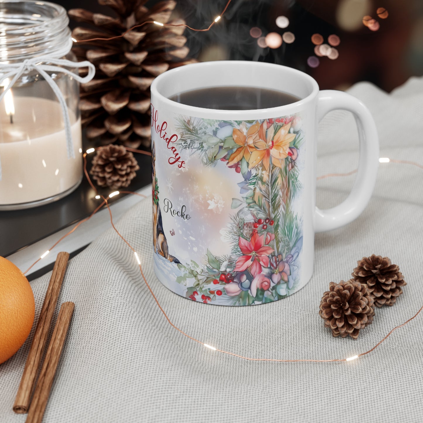 German Shepherd Happy Holidays Personalized White Mugs, 11oz