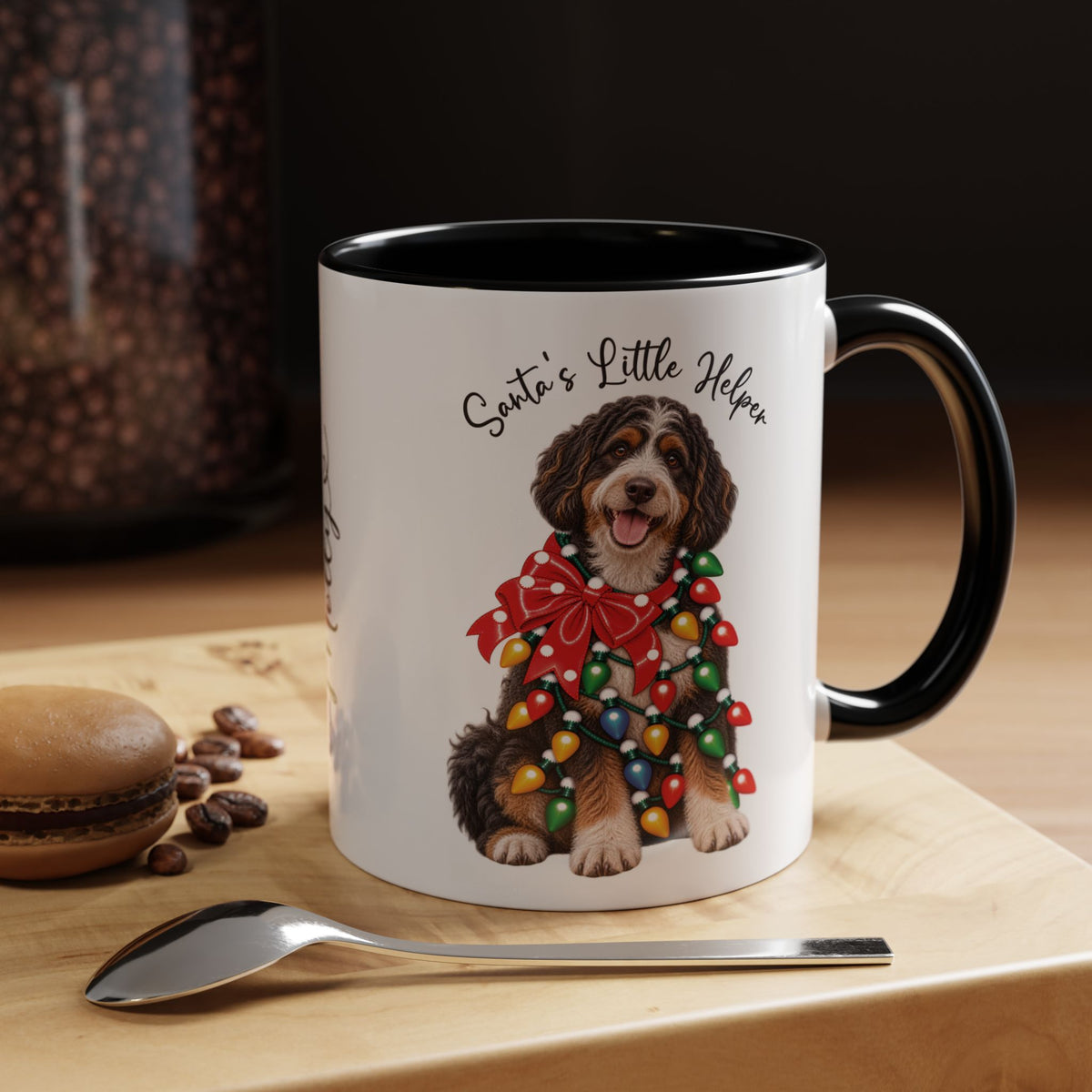 Bernadoodle Santa's little helper, personalised accent colour 11oz mug