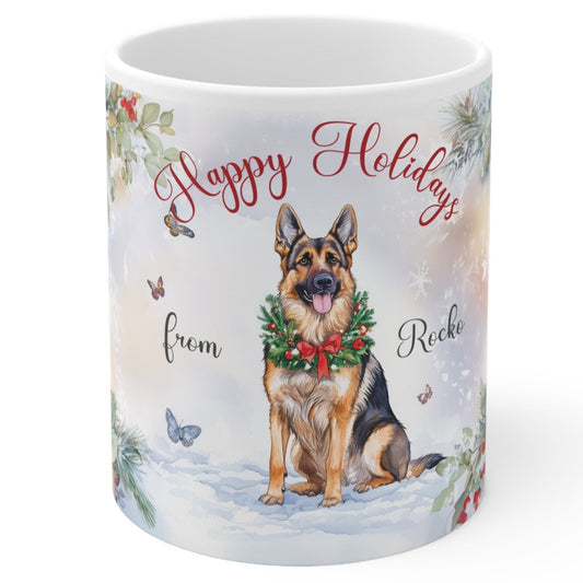 German Shepherd Happy Holidays Personalized White Mugs, 11oz